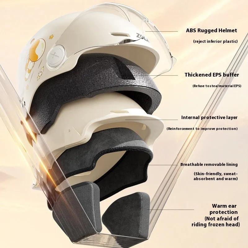 Khaki open-face motorcycle half helmet on a stand, showing the ABS shell and an optional sun protection lens.