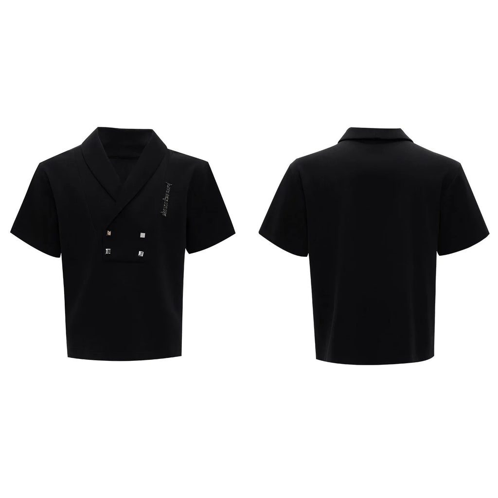 Men's dark grey V-neck cotton sports jacket with padded shoulders and metal details, paired with matching shorts.