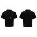 Men's dark grey V-neck cotton sports jacket with padded shoulders and metal details, paired with matching shorts.