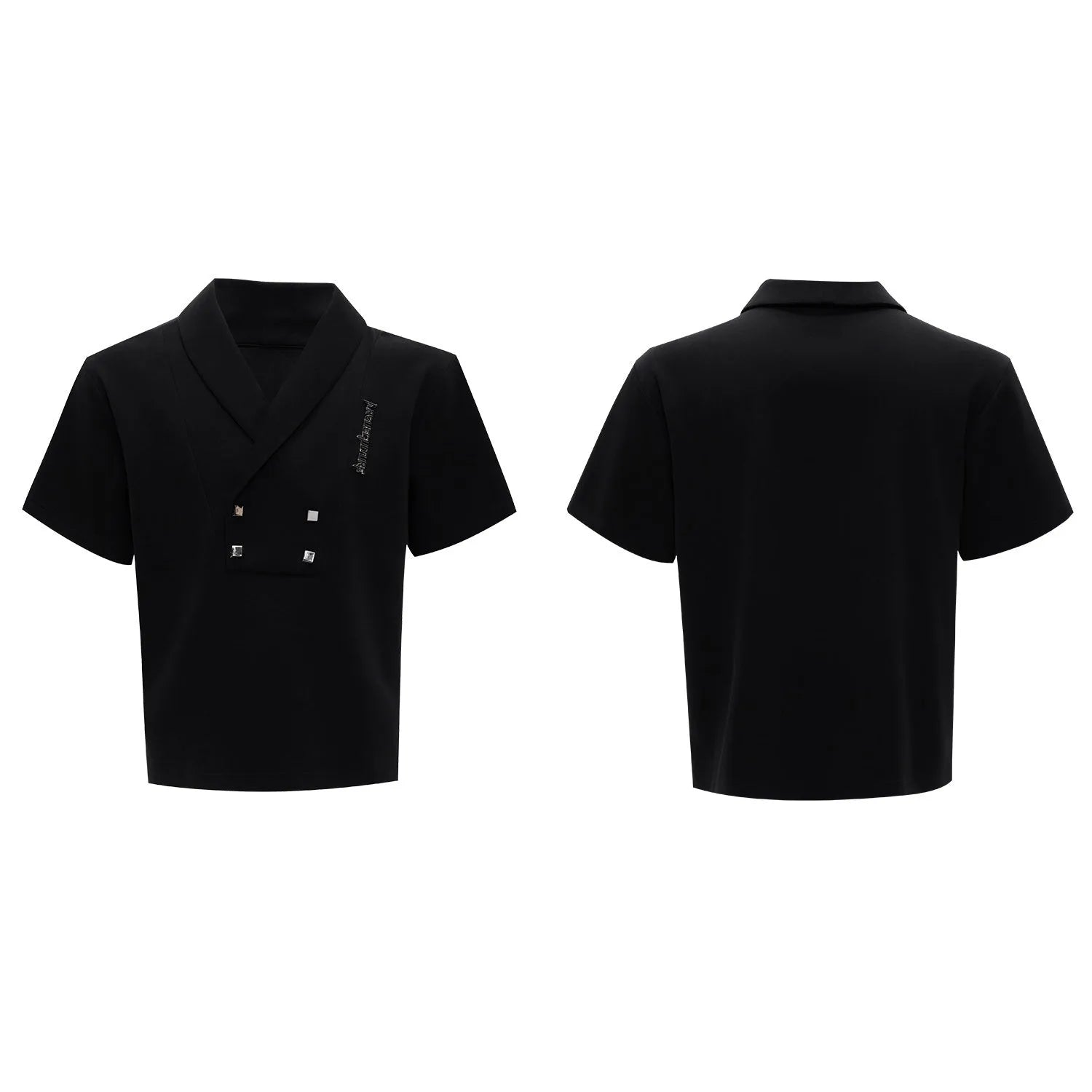 Men's dark grey V-neck cotton sports jacket with padded shoulders and metal details, paired with matching shorts.