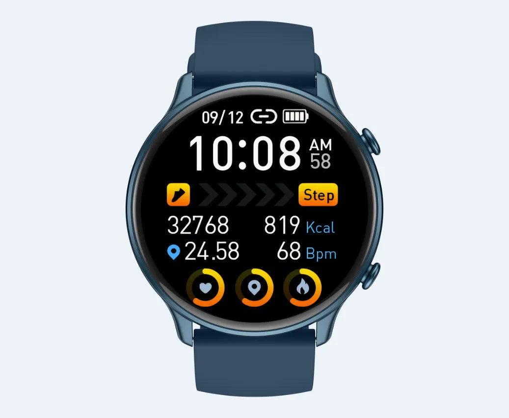 Round smart sports watch with touch screen showing heart rate display on black silicone strap