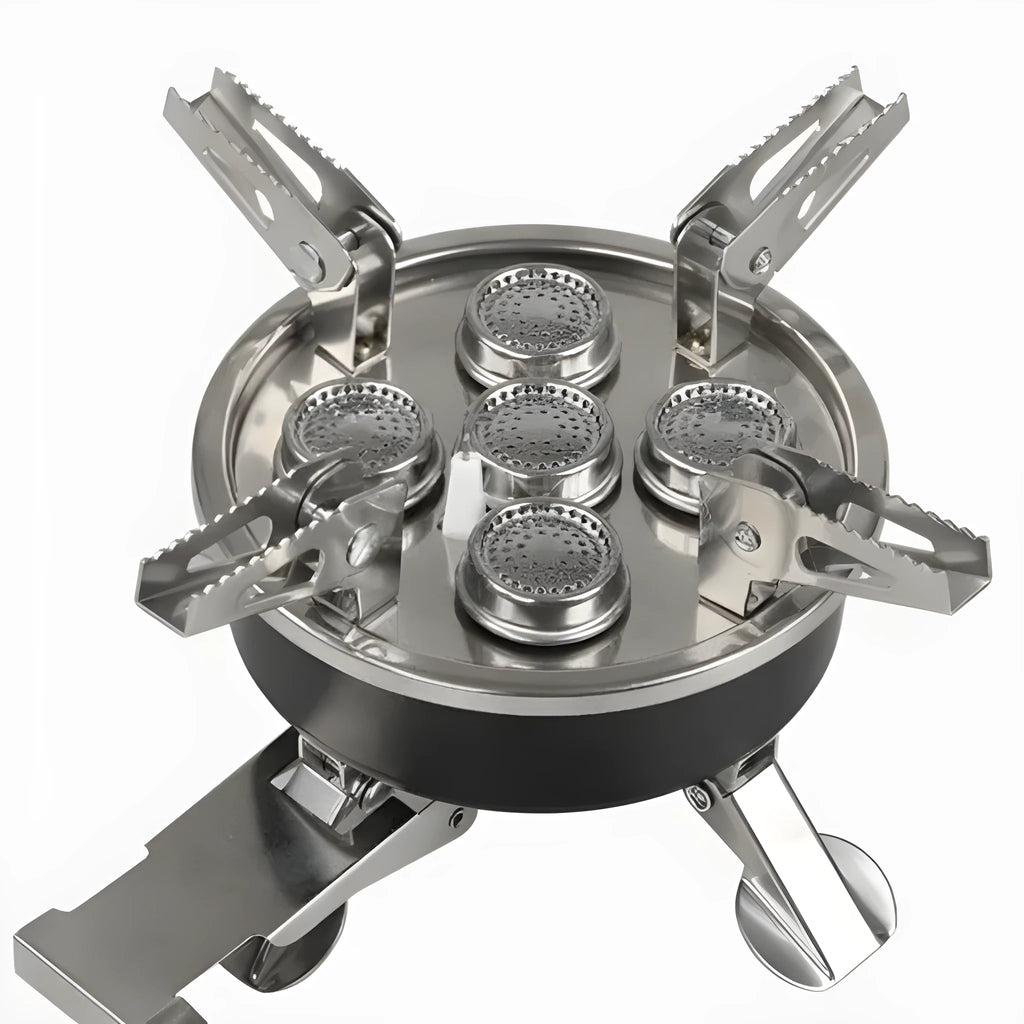 Silver portable stainless steel split camping stove shown with its 100cm fuel hose, folded to 155mm by 125mm.