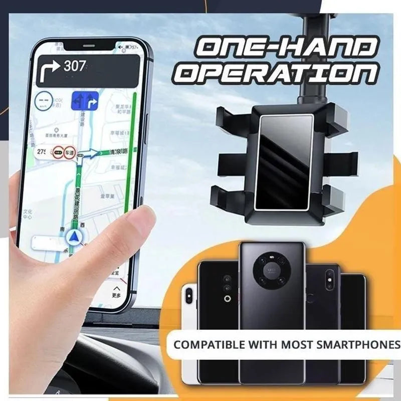 Black rearview mirror car phone holder with rotating head and telescopic arm extended.