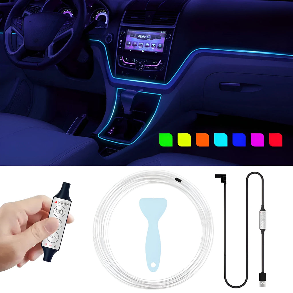 Car interior RGB LED light strip with wireless controller showing multiple colour options