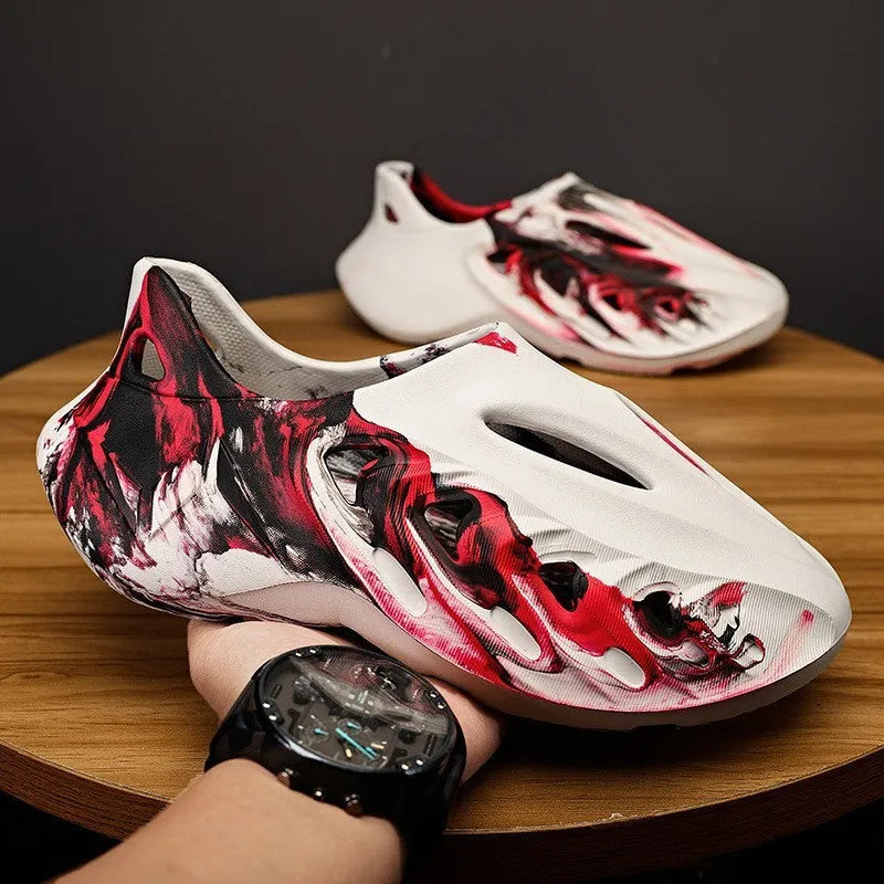 Camouflage coconut hole shoes for men, EVA upper and sole, round toe, front lace-up, height-increasing design, available in black camouflage