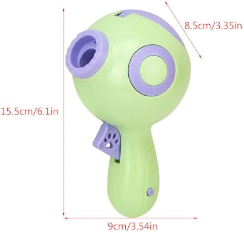 Green, orange, and pink dog treat launcher toy for interactive feeding and training.