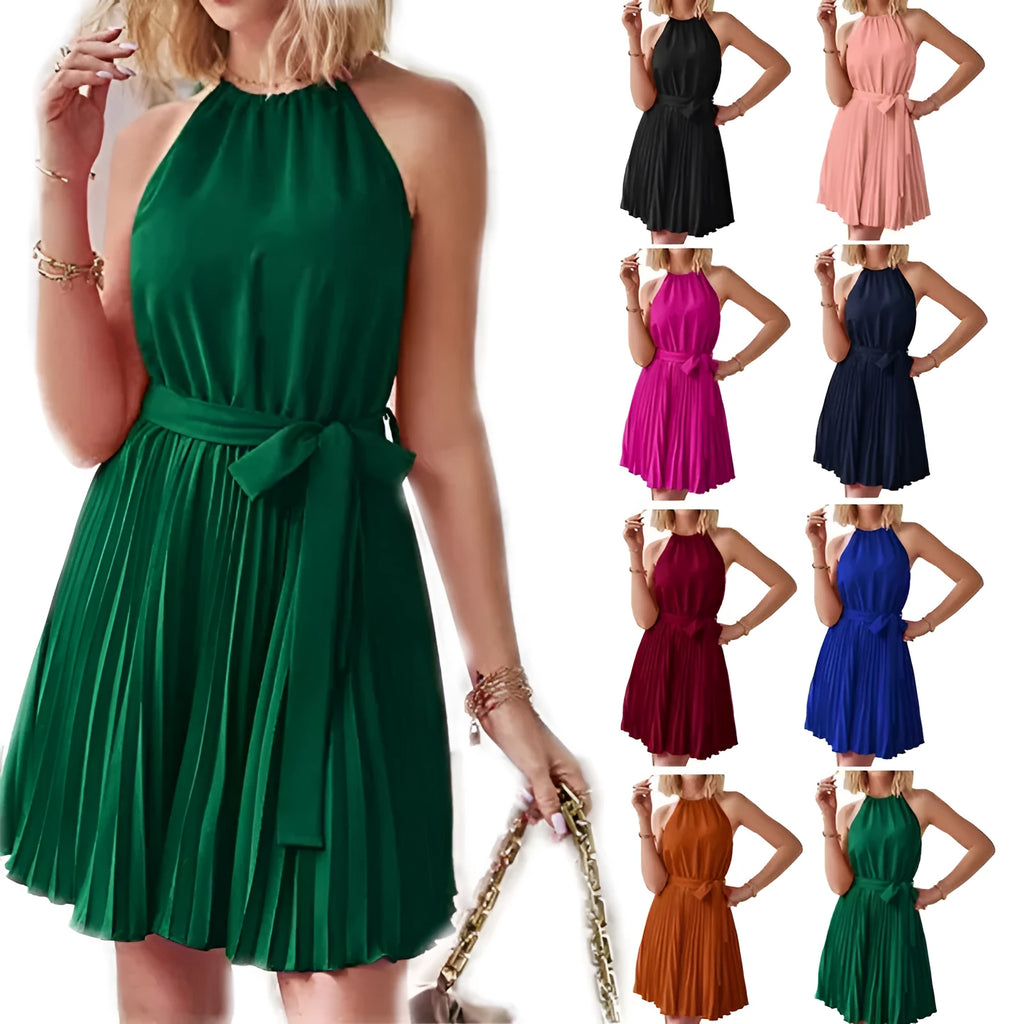 Women's black halter neck chiffon sundress with a pleated midi skirt and waist tie.