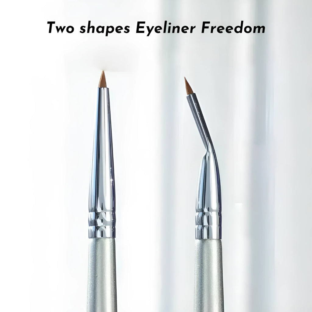 Close-up of a bend head eyeliner brush with a fine tapered tip for detailed eye makeup
