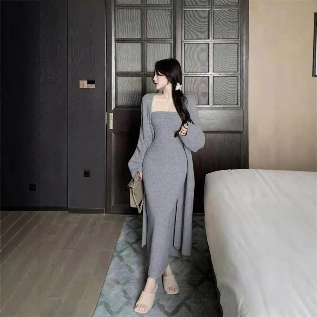 Women's grey knitted cardigan and dress two-piece suit set with flocking detail.