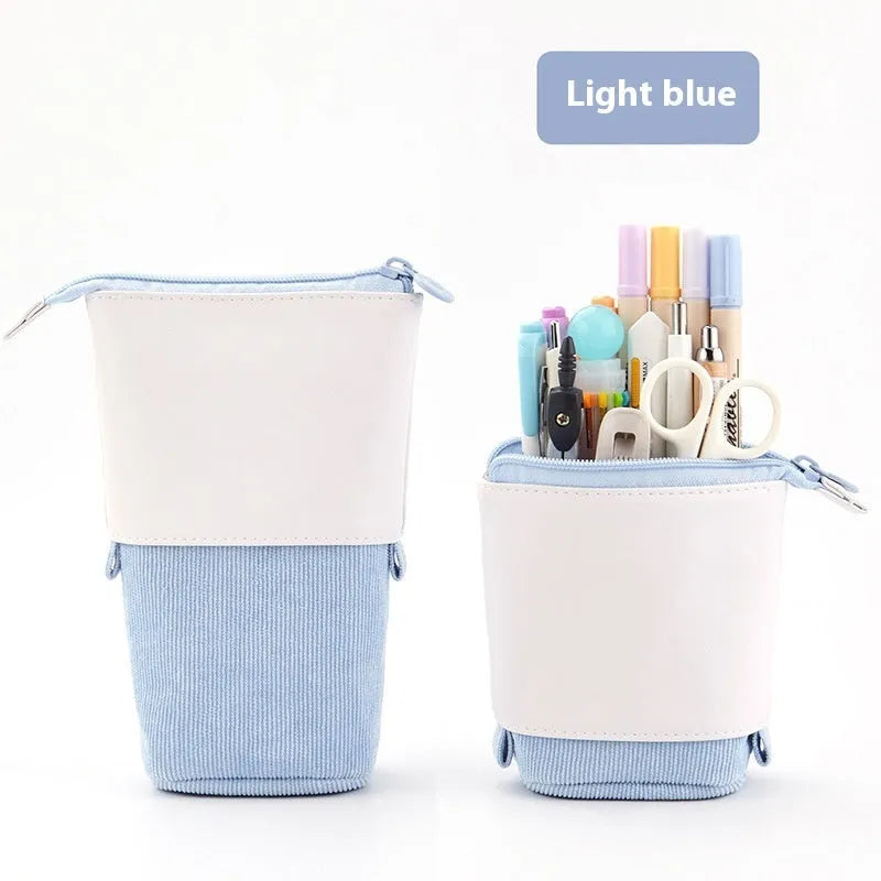 Korean style drop-down telescopic stationery case in PU corduroy, shown in one of six colours.