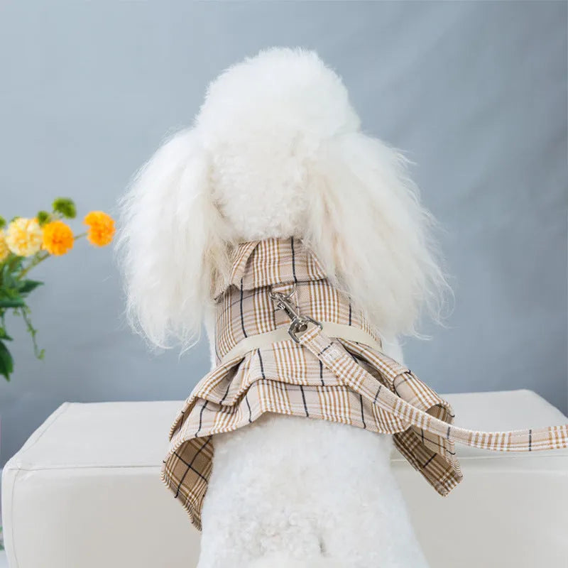 Chest strap pet vest with hand holding rope in milky white or purple skirt style
