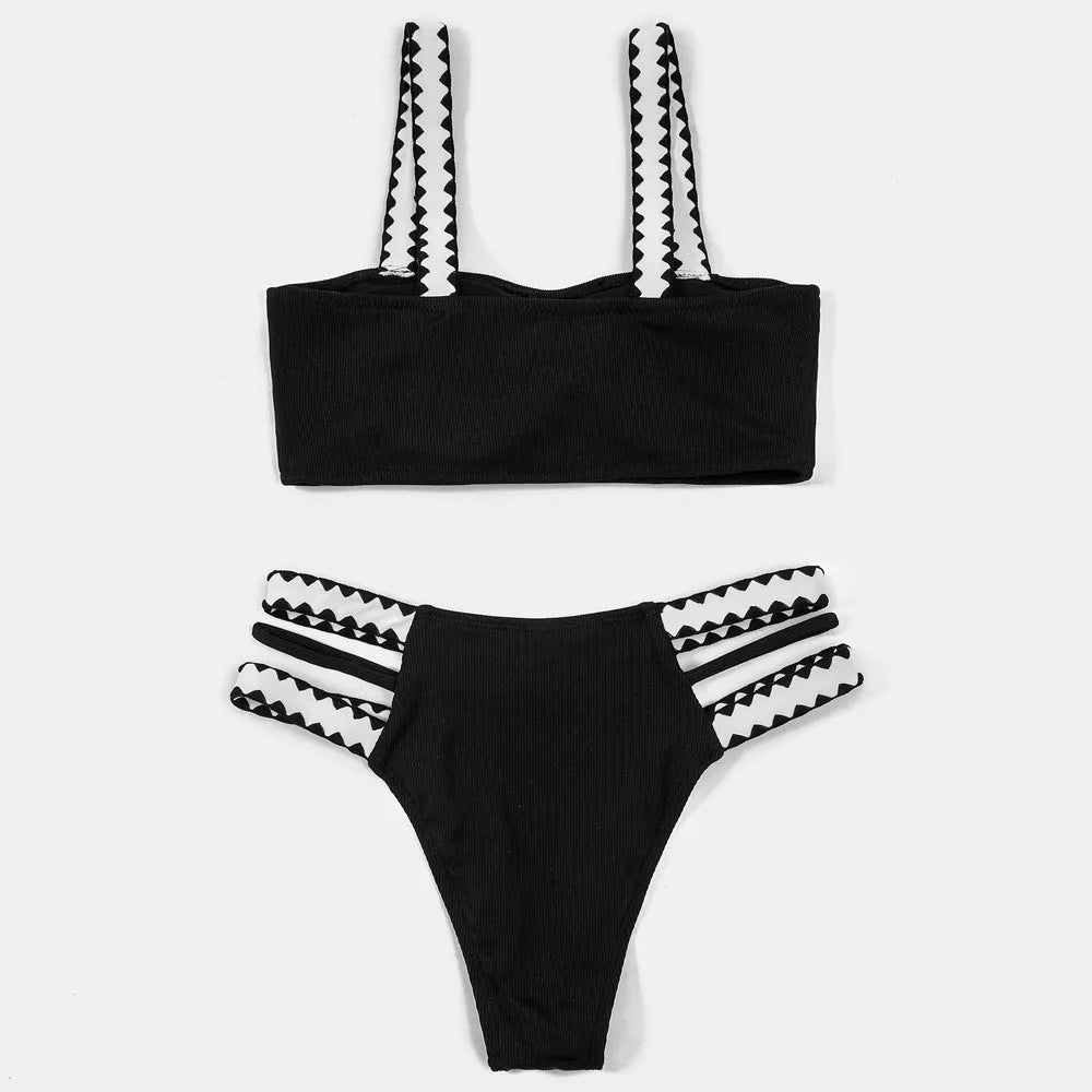 Black women's hollowed-out split swimsuit bikini briefs in polyester fabric