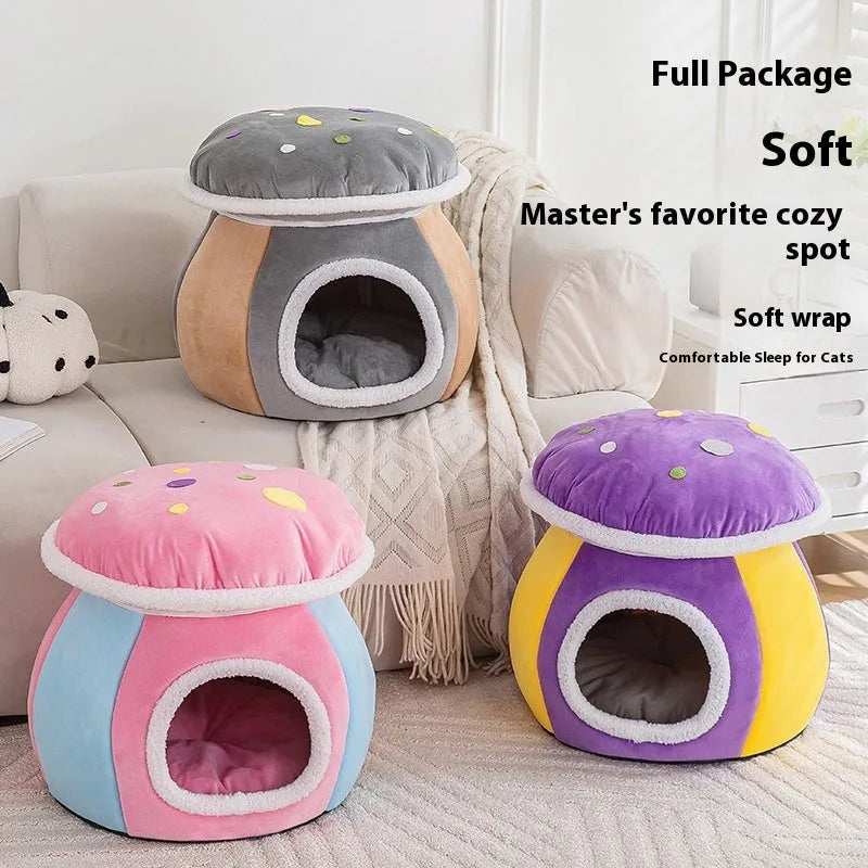 Grey mushroom-shaped plush cat nest with a detachable thermal interior for winter.
