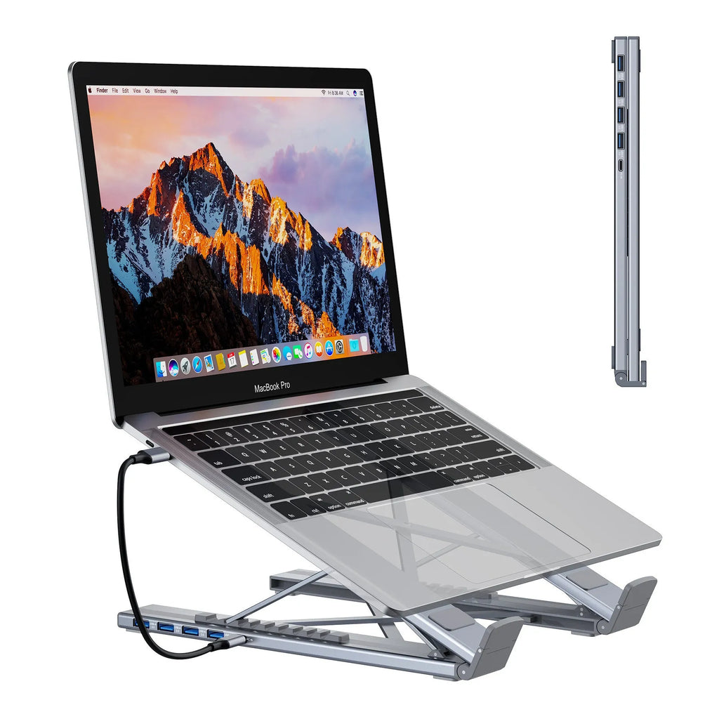 Aluminium folding laptop stand with 8-in-1 docking station hub showing connectivity ports