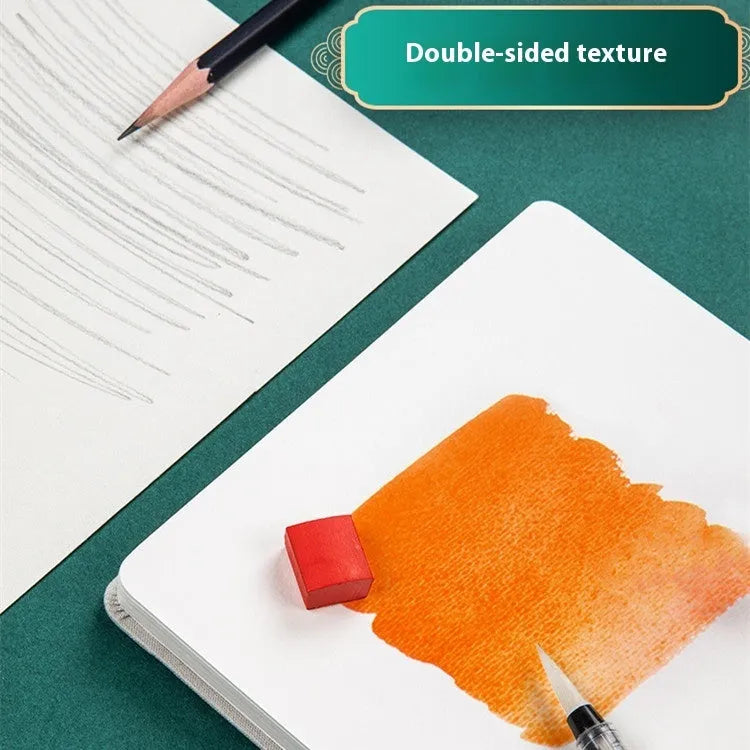 Feiluniao fabric watercolour notebook open showing paper and handmade cover