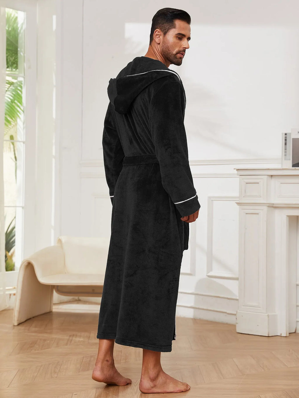 Men's flannel fleece bathrobe in light grey hanging on hook, European/American style