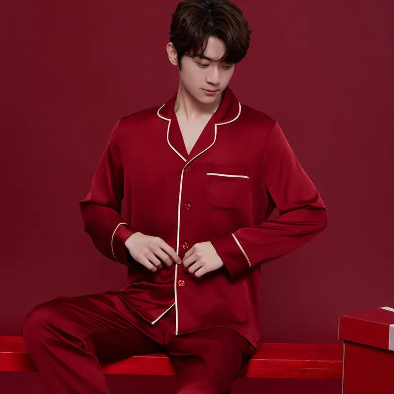 Red silk pyjama set for men and women with long sleeves and trousers