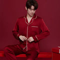 Red silk pyjama set for men and women with long sleeves and trousers