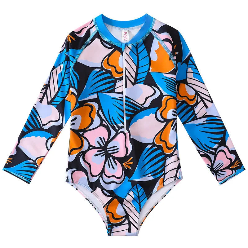 Girl's long-sleeve one-piece swimming suit in polyester briefs style