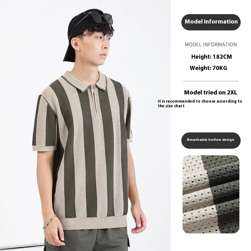 Men's short sleeve ice silk viscose sweater with stripe pattern and zipper decorations in multiple colour options