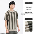 Men's short sleeve ice silk viscose sweater with stripe pattern and zipper decorations in multiple colour options