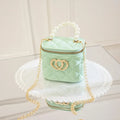 White PVC bucket bag with a heart-shaped pattern, showing its structured shape and spacious opening.