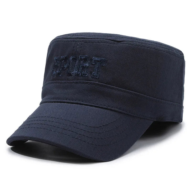 Men's flat-top cotton peaked cap with an adjustable strap in army green colour.