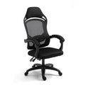 Black and white ergonomic computer gaming chair with linkage armrests and recline function.