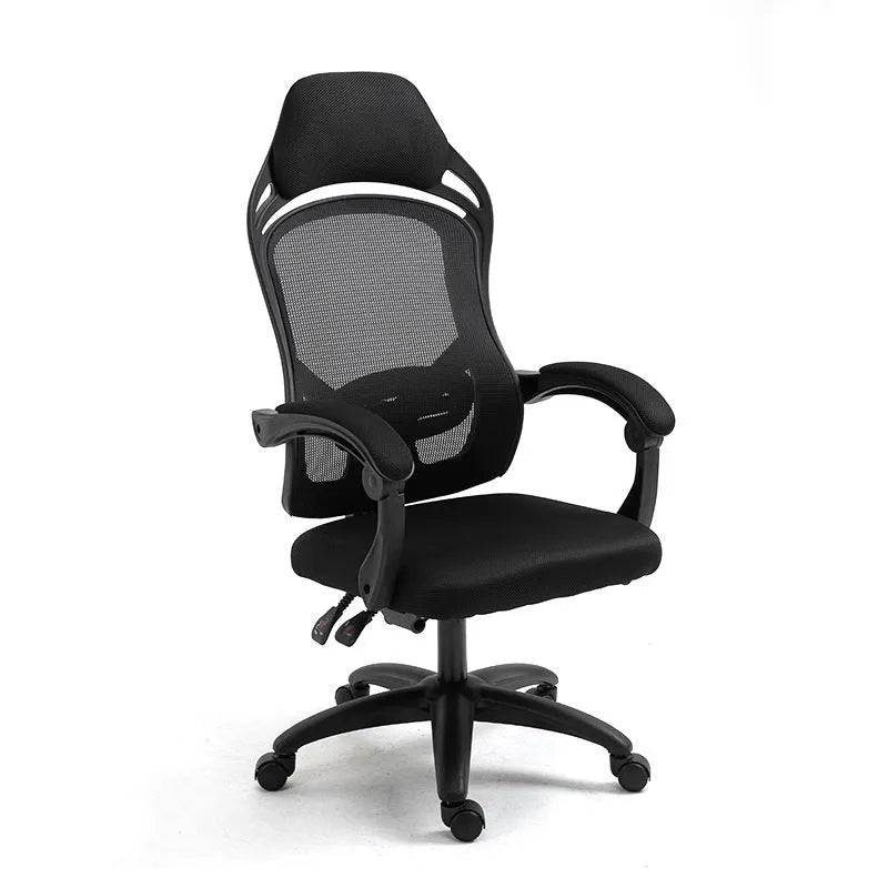 Black and white ergonomic computer gaming chair with linkage armrests and recline function.