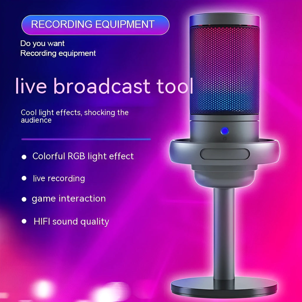 Condenser microphone with RGB lighting in black, white or pink colours for streaming