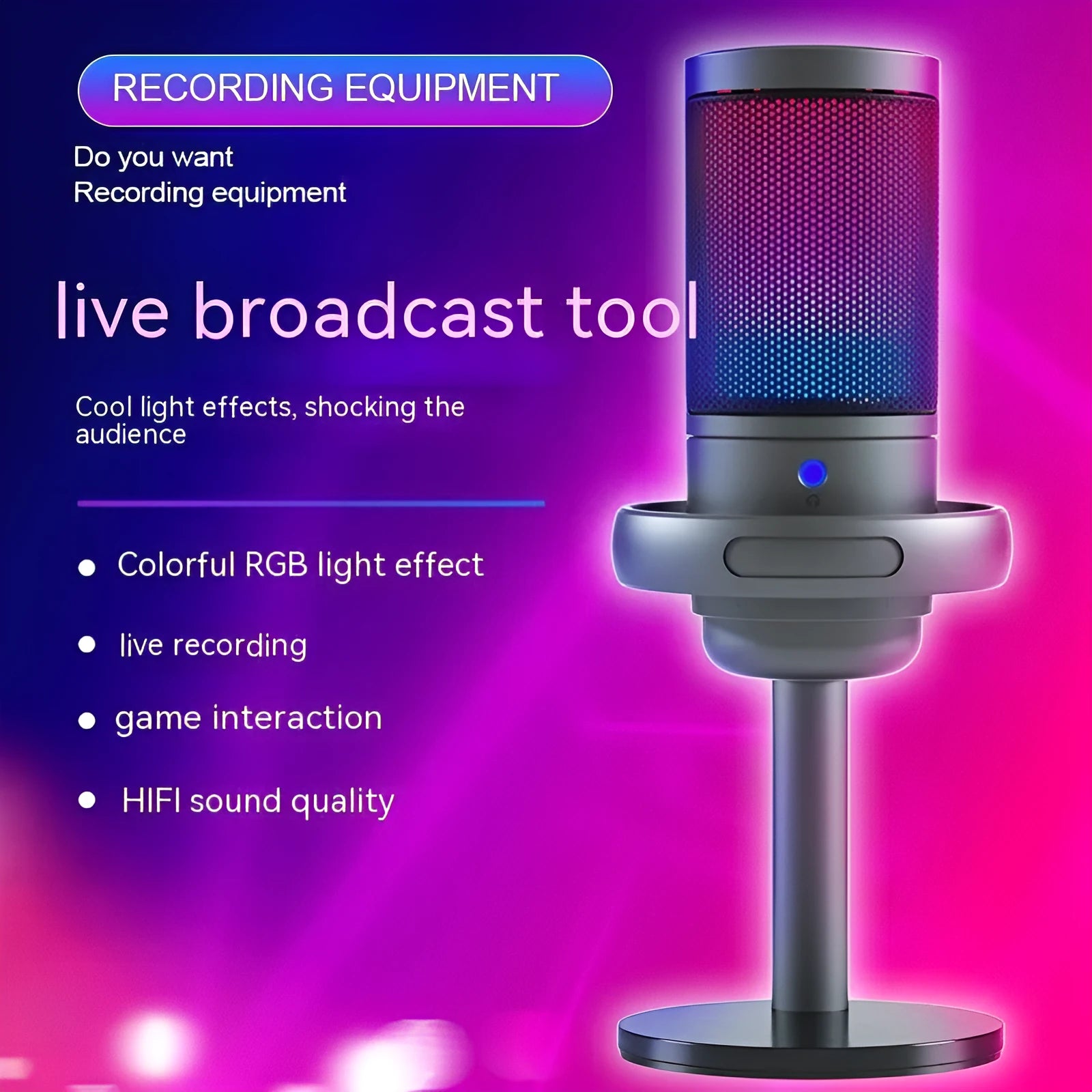 Condenser microphone with RGB lighting in black, white or pink colours for streaming