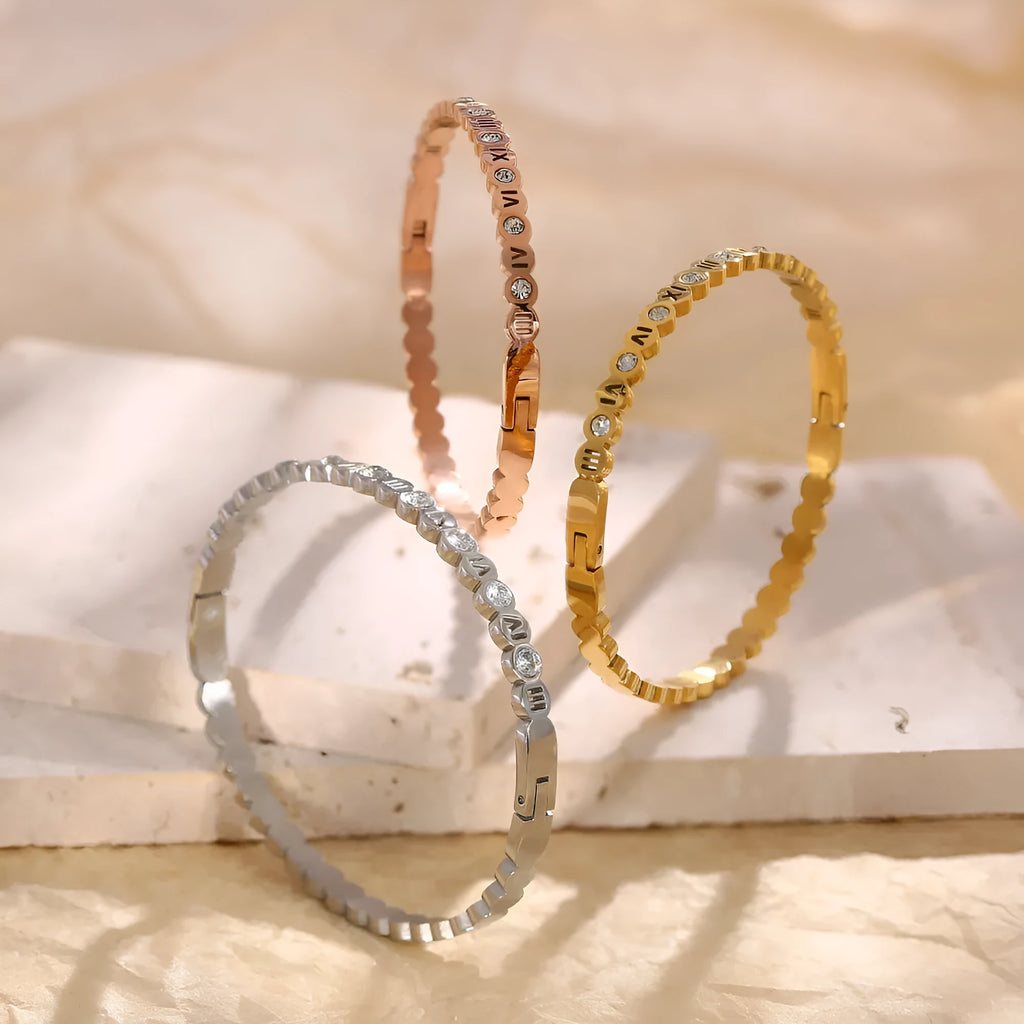 Korean-style titanium steel bracelet with electroplated finish in gold, rose gold or steel colour featuring number design elements