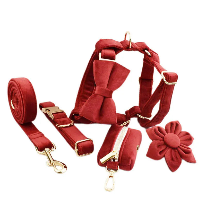 Cloth dog collar, leash, vest, bow tie, flower, and poo bag set for small to extra-large dogs