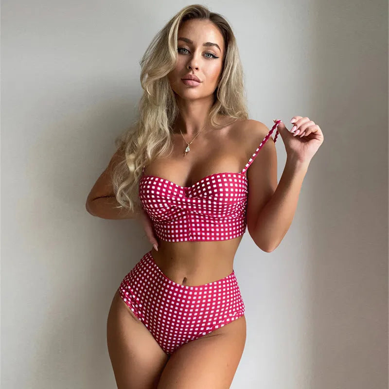 Women's plaid bikini swimsuit set with high-waist briefs in multiple colour options