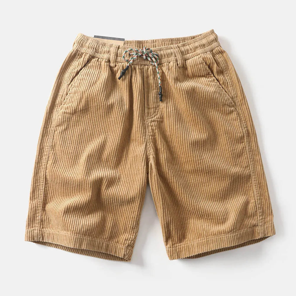 Men's khaki cargo shorts with straight leg cut and American retro street style