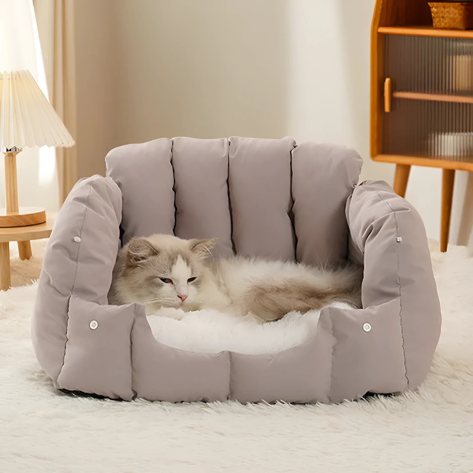 Grey arched cat nest with removable cover shown in both enclosed and open sofa configurations