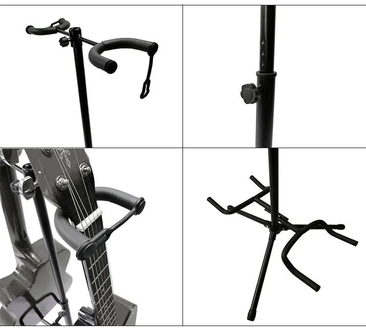 Black vertical double-headed adjustable iron guitar stand holding two guitars.