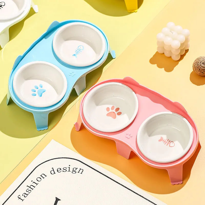Ceramic elevated cat food and water bowl set with tilted stand in choice of colours