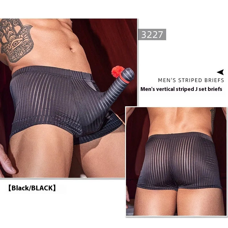 Men's black striped boxer briefs made from high-elastic nylon fabric.