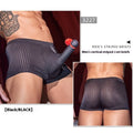 Men's black striped boxer briefs made from high-elastic nylon fabric.