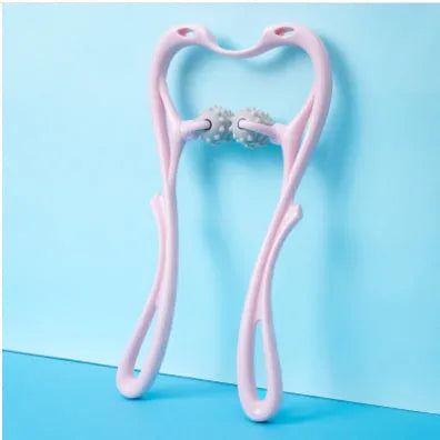 Blue manual swan-shaped neck massager with six rolling wheels and a natural crystal jade scraping board on a white background.
