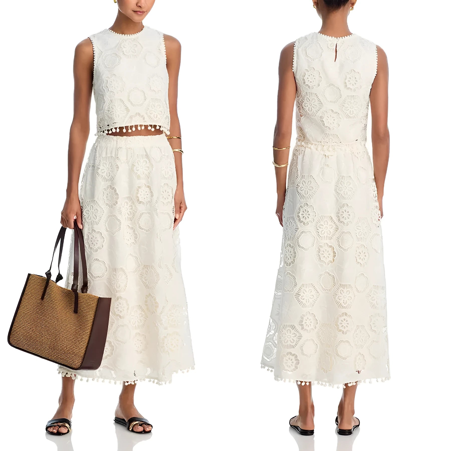 White women's sleeveless top and long skirt suit with retro embroidery detail.