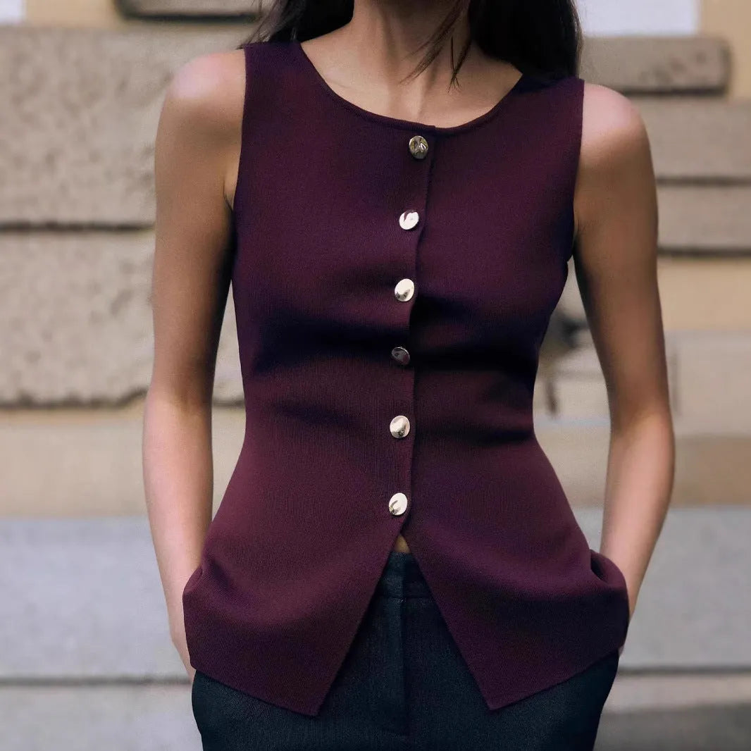 Slim fit dark red viscose sweater vest with a textured 3D pattern, shown on a model.