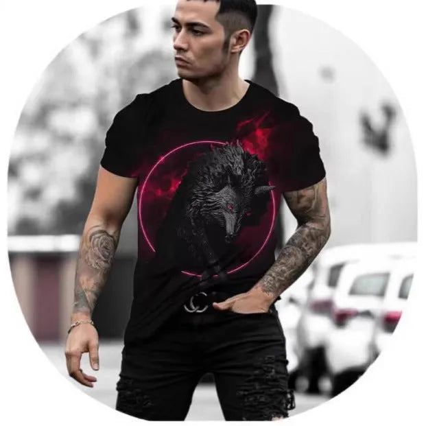 Retro 3D animal print on a men's short-sleeved light grey t-shirt.