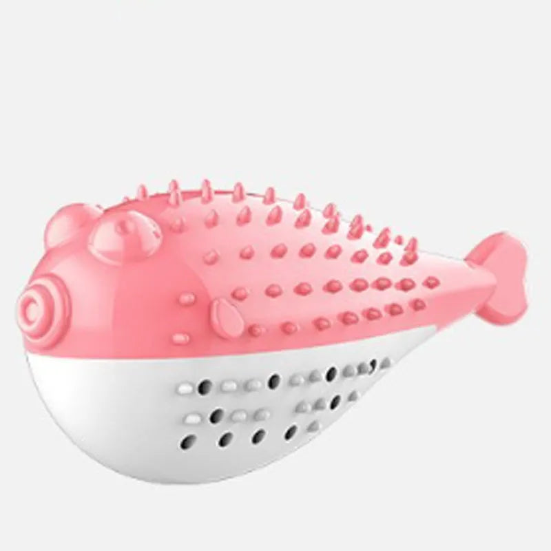 Small blue silicone fish-shaped chew toy for cats on a white background.