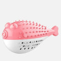 Small blue silicone fish-shaped chew toy for cats on a white background.