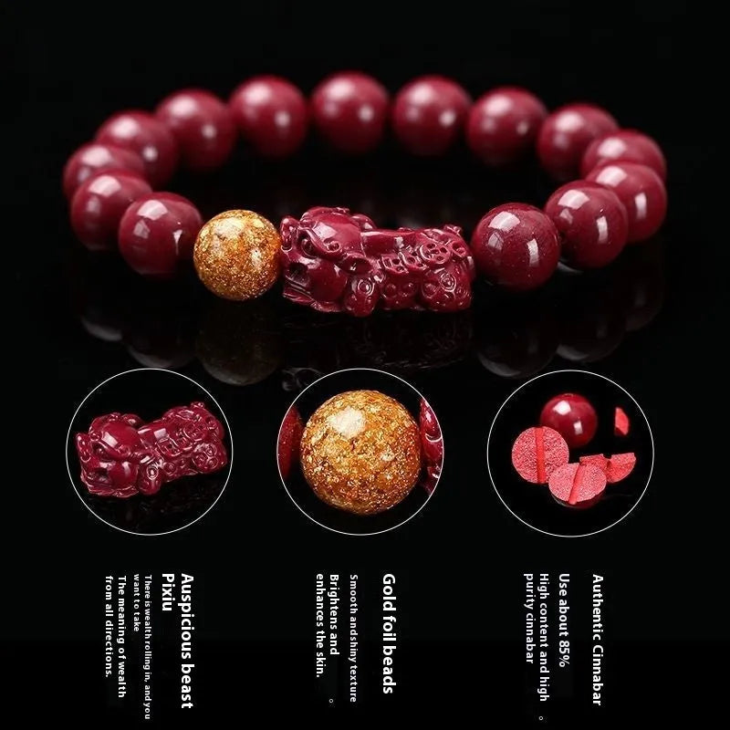Polished cinnabar bracelet with purple gold sandstone beads and totem design in three size options