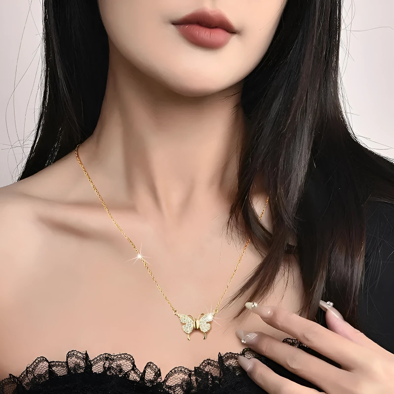Women's twisted titanium steel clavicle chain with magnetic snap butterfly charm in gold finish