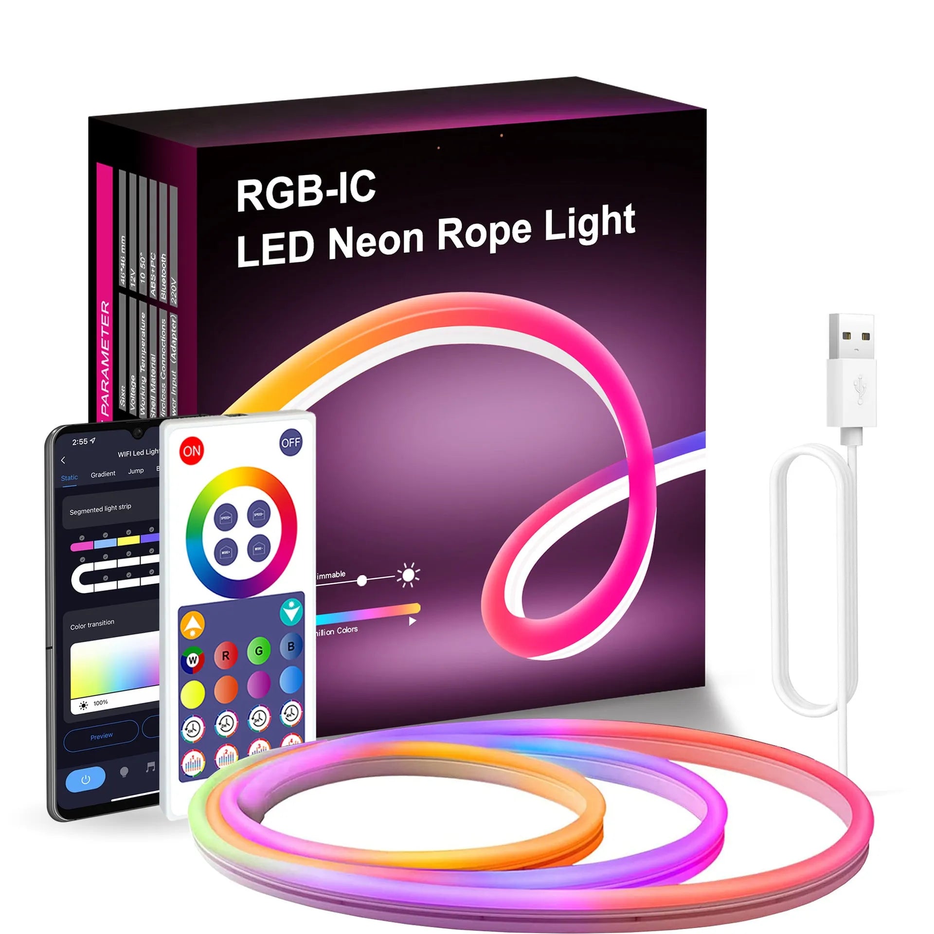 3 metre USB RGB LED neon light strip with remote control for interior lighting