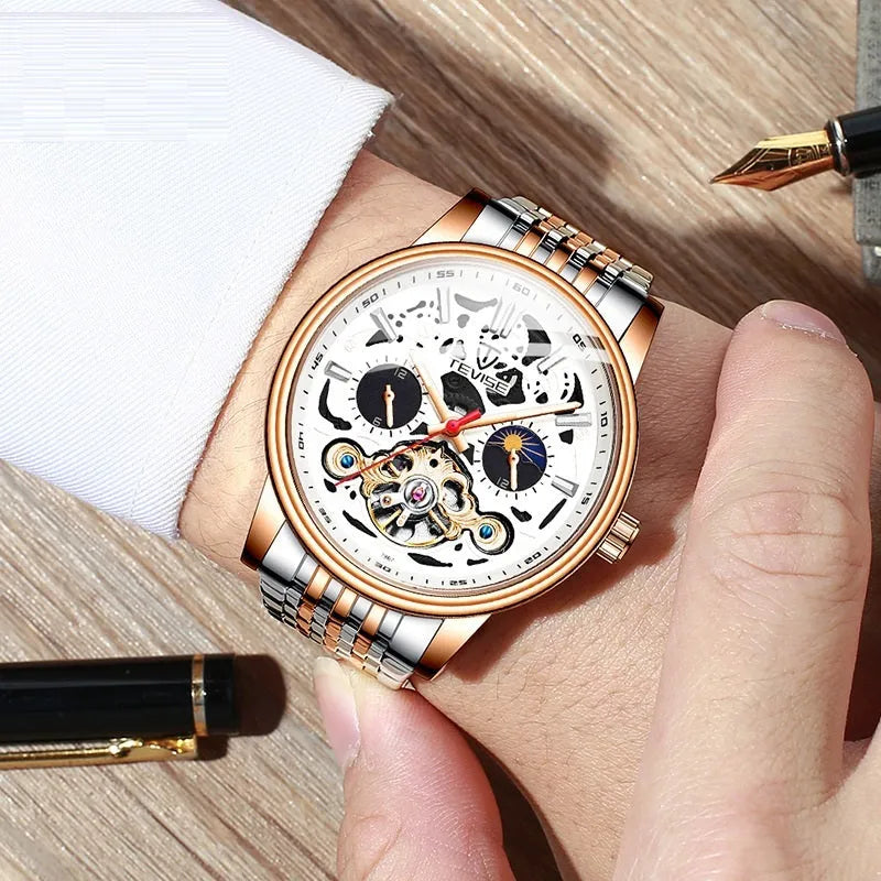 Men's black tourbillon mechanical watch with luminous hands on a leather strap.